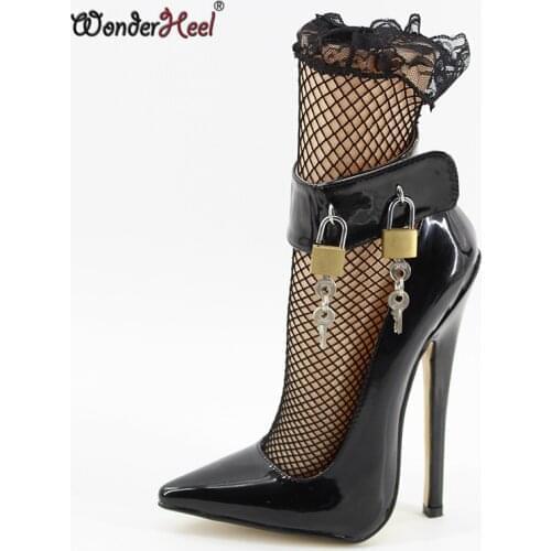 Wonderheel Extreme high heel 18cm stiletto heel patent leather Sexy fetish ankle strap pointed toe padlocks sexy women pumps