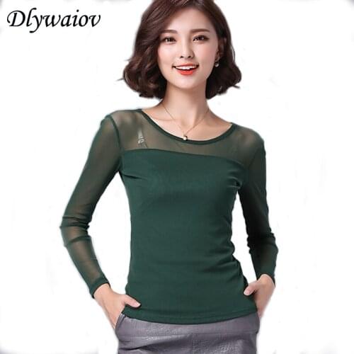 Sexy Mesh Long Sleeve Female Shirts Tops Slim Elastic Women Blouse O Neck Bottoming Solid Modis Femme Shirt 2021 Spring New