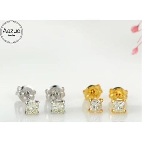 Aazuo 100% 18K Yellow Gold White Gold Real Diamonds Princess Shape Square Stud Earring For Woman Girls Gift Fashion JewelryAu750