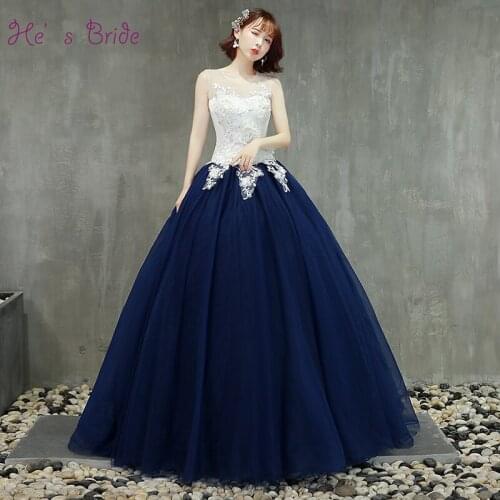 Hes Bride White and Dark Blue Prom Dress Sleeveless Floor-length Zipper and Lace Up Back Ball Gown Formal Party Prom Dresses