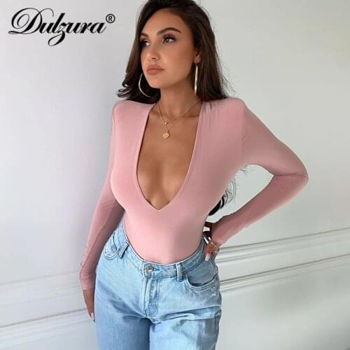 Dulzura Solid Women Long Sleeve Bodysuit Shoulder Pad V Neck Bodycon Sexy Streetwear 2020 Autumn Winter Club Elegant Body Romper