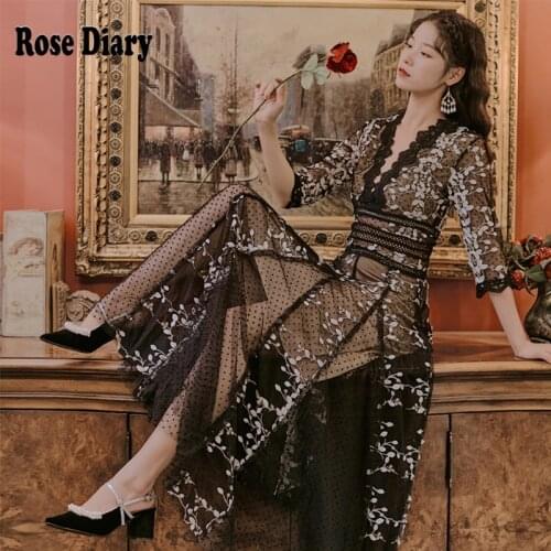 RoseDiary Sexy V-neck High Waist Women Black Lace Dress Female Vintage Ruffles Split 2021 Summer Evening Party Dress With Belt