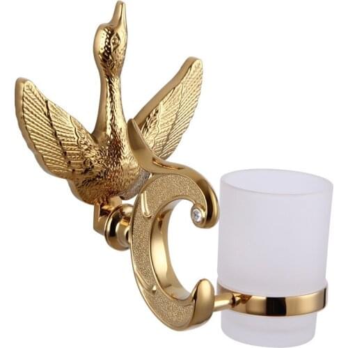 Gold Swan Crystal Toothbrush Holder Single Double Holder Solid Brass with Glass Wall Mounted for Luxury Bathroom Accessories Ats