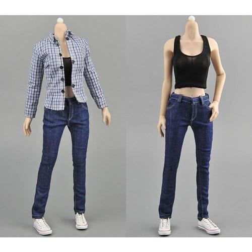 ZYTOYS ZY5012 1/6 Female Blue Plaid Shirt Jeans Set Soldier Clothes Model Fit 12'' Action Figure Body Dolls