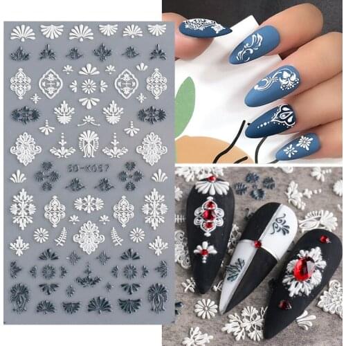 5D Embossed Flowers Design Nail Stickers White Lace Retro Pattern Adhesive Transfer Nail Art Decals Tool For Manicure Decoration
