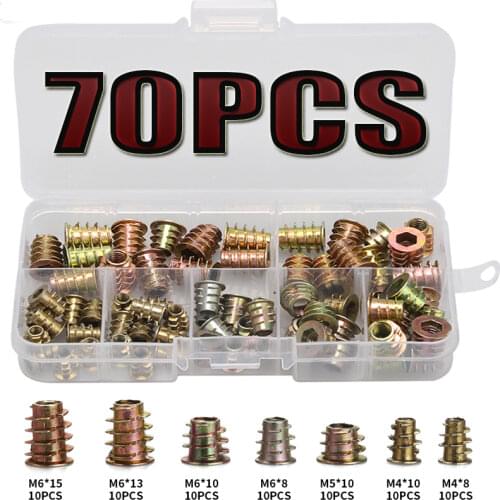 70Pcs/Set M4*8/10/M5*10/M6*8/10/13/15 Zinc Alloy Thread For Wood Insert Nut Flanged Hex Drive Head Furniture Nuts Assortment Kit