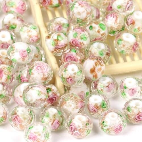 8*10mm White Rose Flower Lampwork Rondelle Beads Glass Spacer Beads for Jewelry Making DIY Bracelets Necklace Crafts Findings