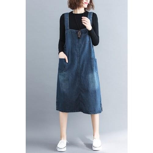Spring Autumn Straps Denim Dresses Women Sleeveless Plus Size Straight Pockets Distressed Jeans Dress Vintage Loose Tide