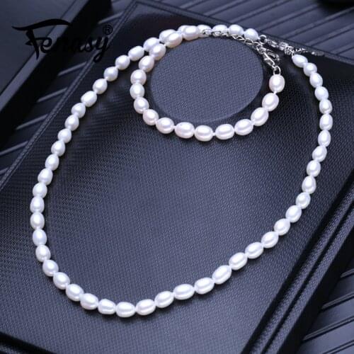 FENASY Natural Pearl Necklaces For Women 6-7mm Rice Shape Choker Necklace Bracelets & Bangles Link Bracelet Pearl Jewelry Sets