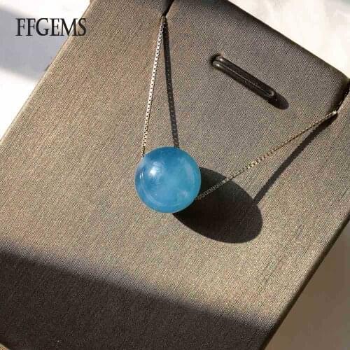 FFGEMS Natural Aquamarine bead stone certificate Blue sapphire simple silver chocker necklace Fine Jewelry for Women Party Gift