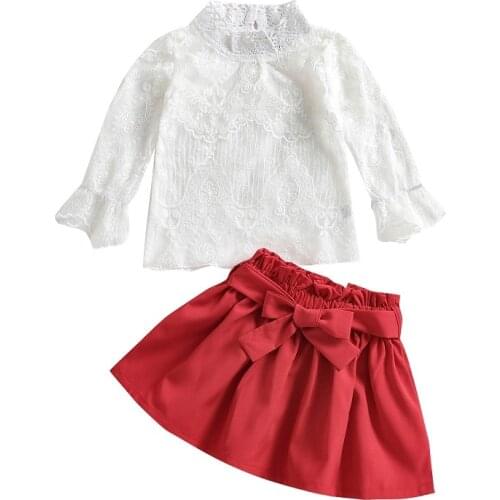 FOCUSNORM Princess Kids Girls Autumn 2pcs Clothes Sets 1-6Y Lace Flowers Long Sleeve T Shirts Tops Bowknot A-Line Skirts