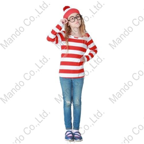 Smart Wally Boys Girls Halloween Clothing Kids Red and white stripes Tee tshirt Wheres Wally Waldo Cosplay halloween Suit
