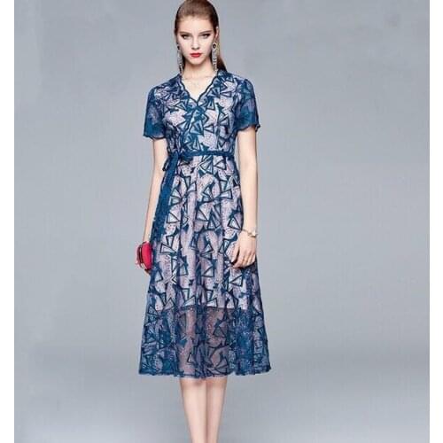 JSXDHK Fashion Brand Ladies V Neck Mesh Dress 2020 Runway Summer Womens Embroidery Short Sleeve Midi Vintage Lace Up Vestidos