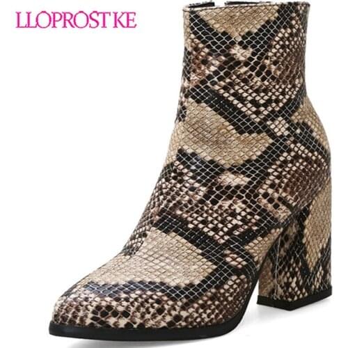 Lloprost ke 2019 New Fashion Snakeskin Pattern Plaid High Heels Ankle Women Riding Boots Female Footwear Woman Shoes Winter H461