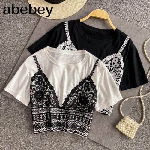 Harajuku Girl Cute Cartoon Print T Shirts Fake Two Pieces Striped Patchwork short Sleeve T-Shirt Student Casual Top Tees