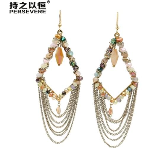 Handmade Multi-layer Chain Tassel Earrings Luxury Crystal Beaded Geometric Long Earrings For Women Fashion Jewelry Gifts