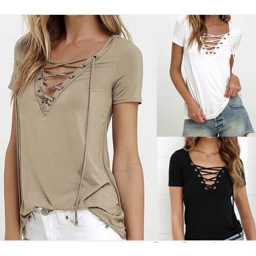 2021 Summer New Womens European and American Sexy V-neck Solid Color T-shirt Tops Fashion All-match Trendy Clothes