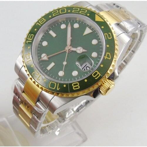 40mm New Arrival Green Mechanical Men Watch GMT Model Gold Coated Bezel Sapphire Glass Date Rotating Bezel