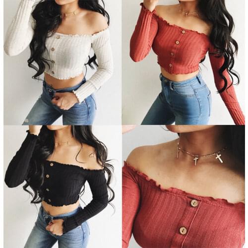 New Fashion Women Ladies Summer Long Sleeve Off Shoulder Crop Tops Blouse Buttons Casual Women Short Blouses Tops