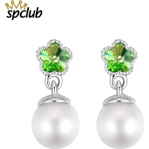SPCLUB Romantic Round Pearl Crystals from Swarovski Flower Drop Earring Top Quality Brincos Earrings For Women Wedding Jewelry
