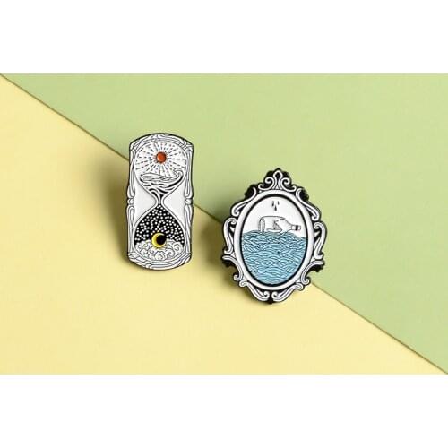 Sun Moon Magic Enamel Hourglass Pin Card Drift Bottle Day and Night Enamel Brooch Jacket Liner Backpack Lapel Needlework Jewelry