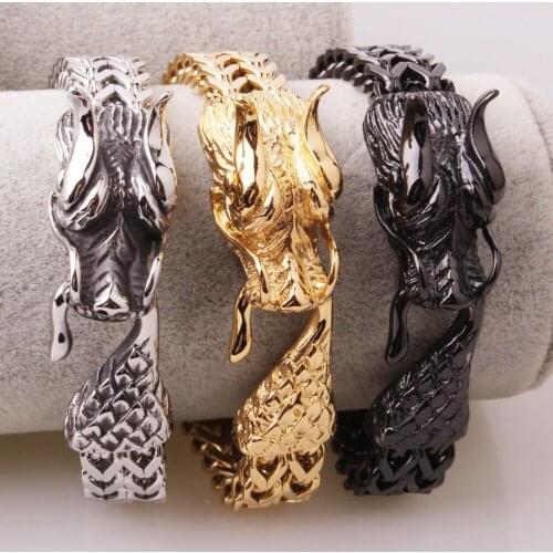 High Quality Stainless Steel Silver Color/Gold/Black 3D Dragon Head Figaro Chain Mens Boys Casting Bracelets Jewelry Xmas Gift
