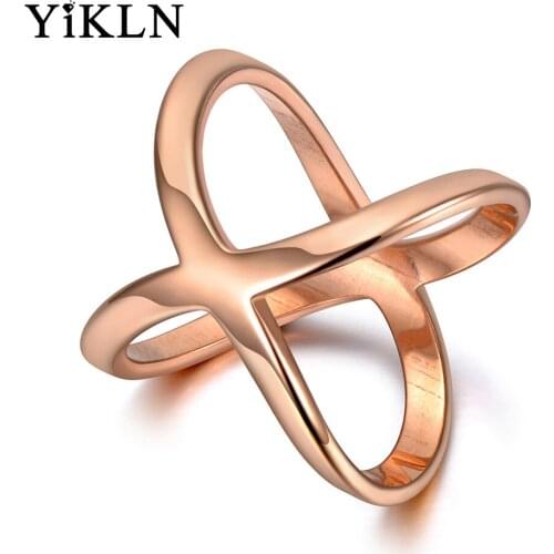YiKLN Creative Titanium Stainless Steel X Shape Ring Jewelry Bohemia Rose Gold CZ Crystal Holiday Rings For Women Girls YR19145