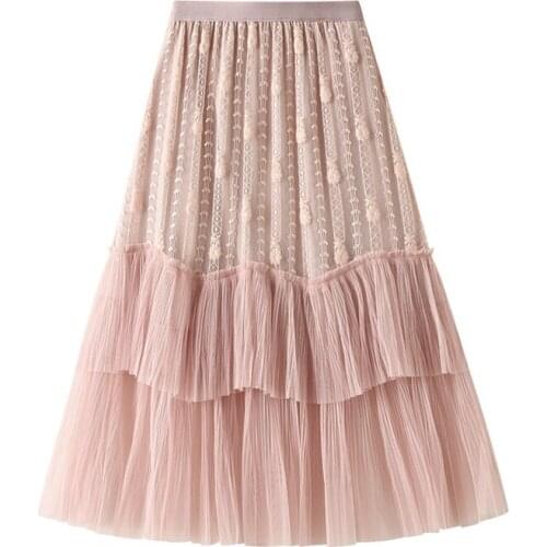 Pink/Black Lace Tulle Skirt Women Summer White Tutu Skirts Long A Line Skirt Female Fashion Korean High Waist Cake Skirts Faldas