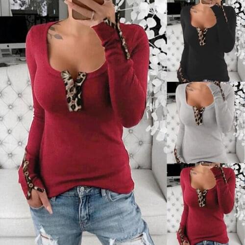 Womens Clothes Autumn and Winter New Slim Solid Color Polyester Stitching Button Long-sleeved U-neck Plus Size T-shirt Top