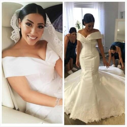 Vestidoe De Noiva 2021 Arabic Noble Sexy Simple Mermaid Satin Wedding Dresses V-neck Bridal Dresses Elegant Wedding Gowns