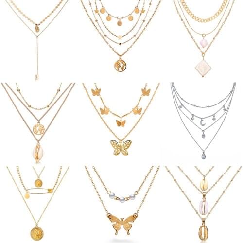 New Butterfly Pendant Necklaces For Women Fashion Moon Charm Gold Multilayer Choker Necklace 2020 Bohemian Jewelry