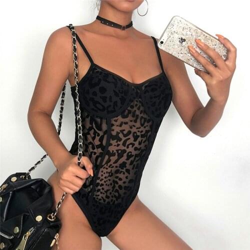 Women Sexy Bodysuit Women Leopard Floral Embroidery Hollow Out Lace Skinny Bodysuit Black Sleeveless Jumpsuit Overalls