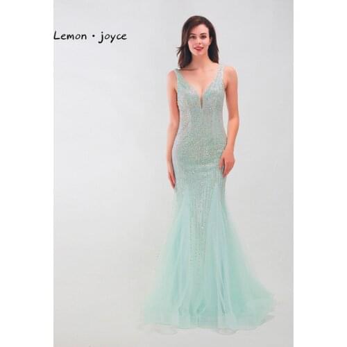 Lemon joyce Green Mermaid Evening Dresses 2020 V-neck Sleeveless Beading Sexy Backless Floor-Length Prom Party Gowns Plus Size