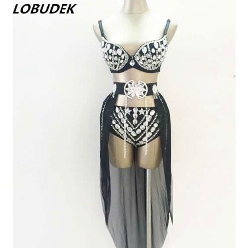 Sparkly Rhinestones Bikini Sexy Crystals 3 Pieces Set Nightclub DJ Singer Stage Outfit Bar Pole Dance Costume Lady Dance Clothes