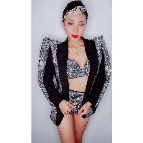 Sparkly Silver Rhinestones Bra Short Jacket Outfit Set Women Singer Dancer Wear Black Stage Wear Birthday Party Outfit Set