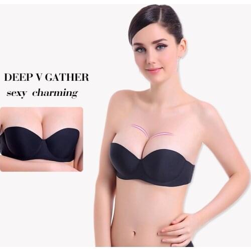 Black Nude Sexy Women Push Up Strapless Bra Gathering Invisible Bra Bralette Underwear Wedding Brassiere Underwired Deep U Bra