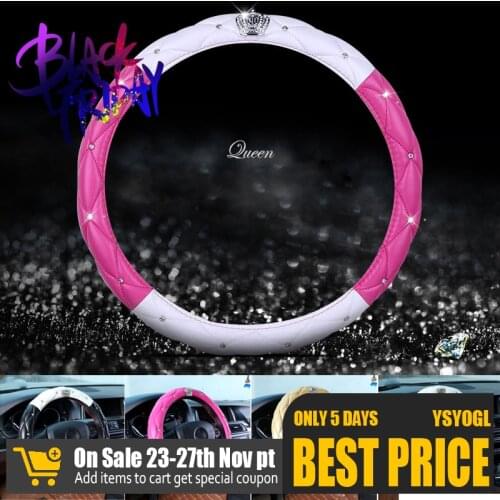 PU Leather Diamond Pink Steering Wheel Cover for Women Girls Lady Luxury Crown Rhinestones 38cm Car Wheel Cover Soft Universal