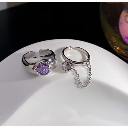 Design sense small minority cool wind opening adjustable copper ring purple heart zircon tassel ring 2021 super fairy