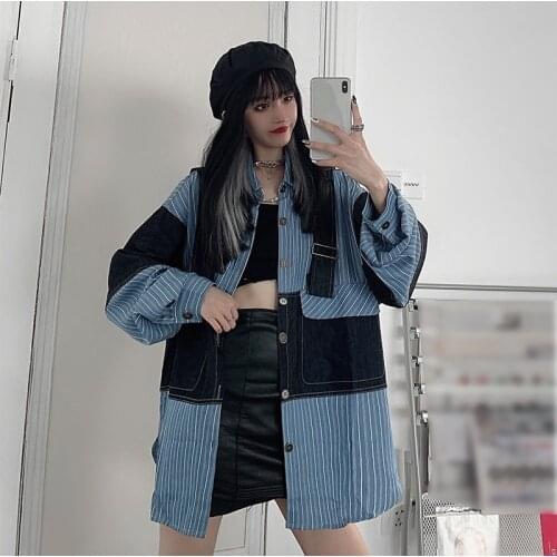 Denim Patchwork Shirt Blouse Women Long Sleeve Chic Fake Two Piece Vertical Striped Blouse 2021 Spring Womens Outwear New
