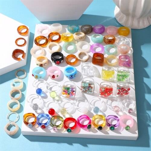 EN New Korea Fashion Vintage Simple Acetate Colorful Acrylic Thick Round Rings Set For Women Girls Jewelry Accessories Gifts