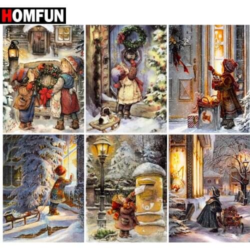 HOMFUN Paint With Diamond Embroidery "Child winter christmas" Diamond Painting Full Square Round Picture Of Rhinestone Decor