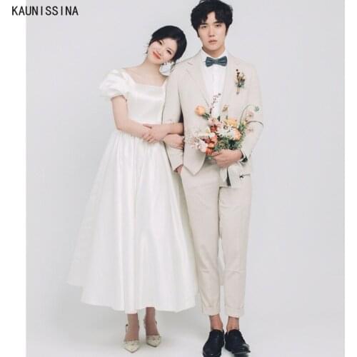 KAUNISSINA Short Sleeves Bridal Wedding Gowns Square Collar Satin A-line Simple Mid-Calf Length Bride Dress Vestido De Novia