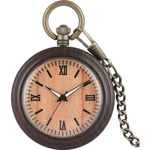 Classic Ebony Wooden Pocket Watch Roman Numerals Dial Pocket Watches Bronze Pendant Chain Unisex Gifts