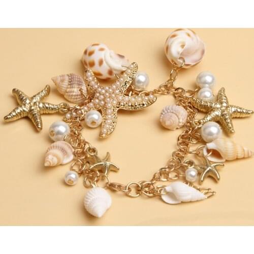 Hot sell High Quality Ocean Style Multi Starfish Sea Star Conch Shell Simulated-Pearl Chain Beach Bracelet Bangle Novelty
