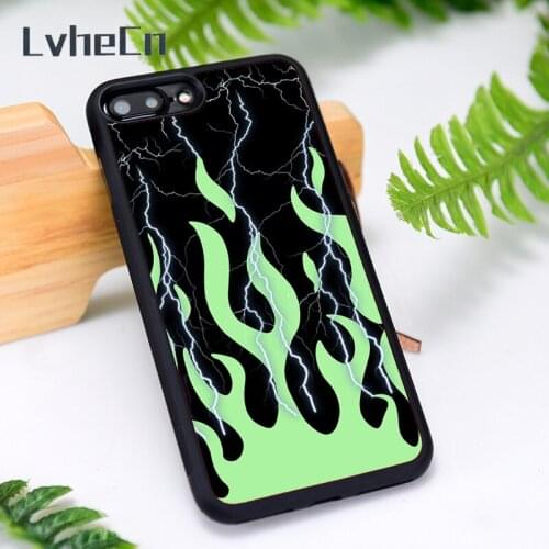 LvheCn Silicone Rubber Phone Case Cover for iPhone 6 6S 7 8 Plus X XS XR 11 12 Mini Pro Max Lightning Green Flames