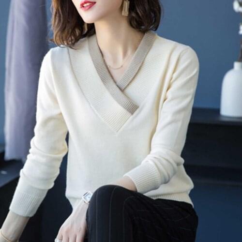 Trendy Women V Neck Sweater Casual Female Long Sleeve Short Knitwear Slim Fit Spring Autumn Pullovers Solid Color Knitted Tops