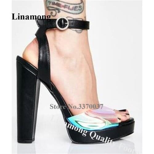 Newest Colorful PVC High Platform Chunky Heel Sandals Peep Toe Fluorescent Transparent Ankle Strap Buckle High Heel Sandals Heel