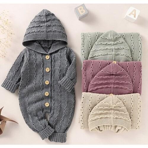 2021 Autumn Winter New Solid Color Knit Infant Baby Romper For Baby Girl Hooded One-piece Long-Sleeve Baby Boy Rompers 0-3 Years