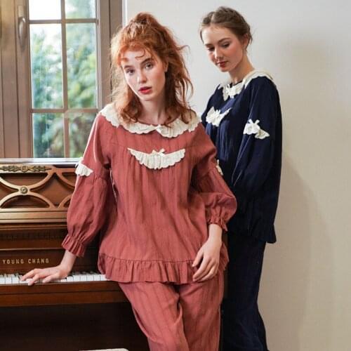 Pajama Woman Spring Autumn Pure Cotton Lady Long Sleeve Royal Cotton Bowknot Leisure Home Wear Suit Casual Sleepwear 2Pcs Пижам