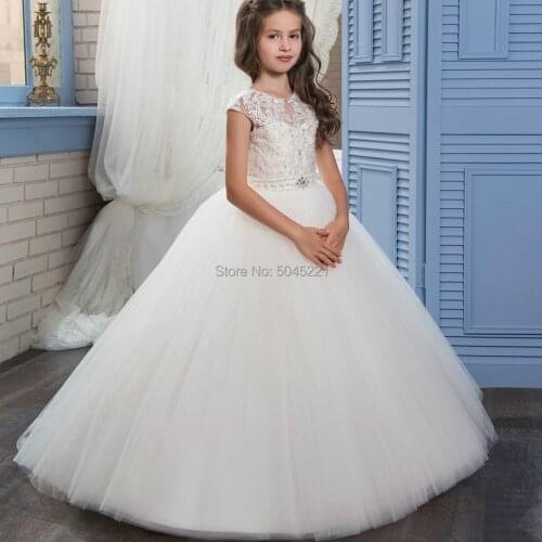 Holy Communion Dresses Appliques O-neck Lace Up Bow Sash Short Sleeve Ball Gown Custom Made First Communion GownVestidos Longo
